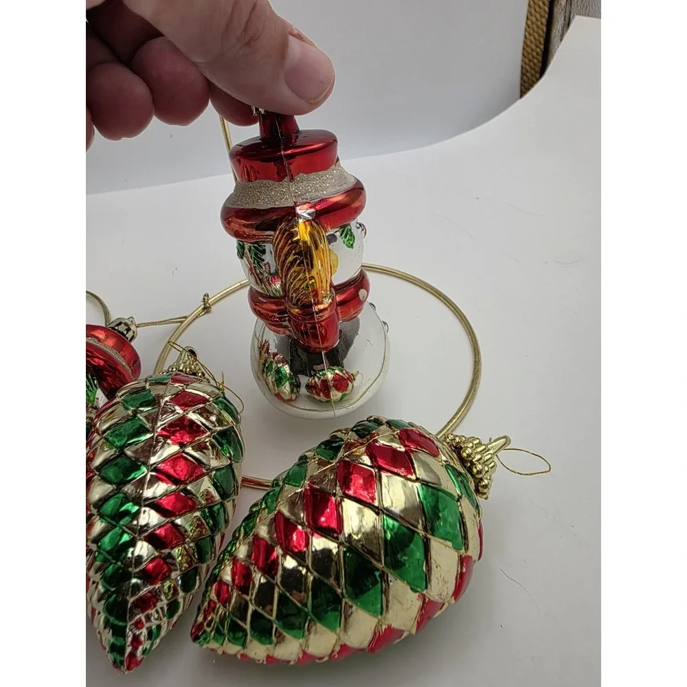 VTG Christmas Ornaments Lot 7Santa Snowman Pine Cone Red Green Gold Holiday